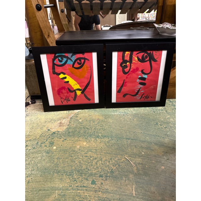 Abstract 1970s Peter Keil Cubist Red Portrait Paintings a Pair For Sale - Image 3 of 8