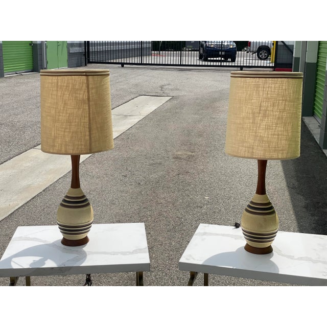 1960s Mid-Century Drip Pottery Table Lamps With Shades - a Pair For Sale - Image 9 of 12