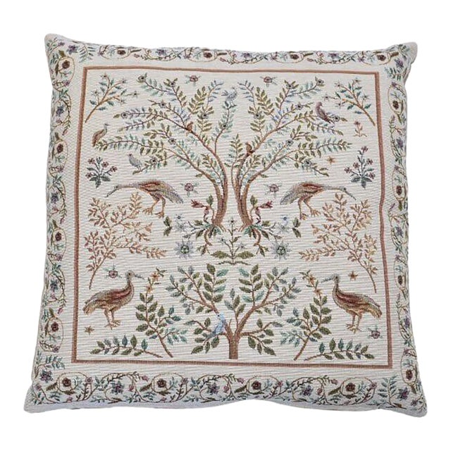 Trees & Birds Cream Tapestry Cushion With Feather Filler - 46x46cm (18"x18") For Sale