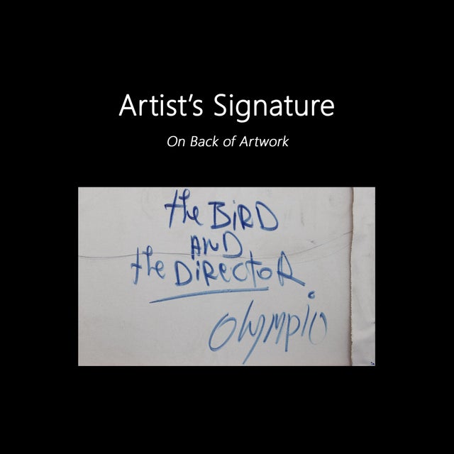 The Bird and the Director - Original Contemporary Figurative Mixed Media Painting on Canvas by Olympio For Sale - Image 9 of 9
