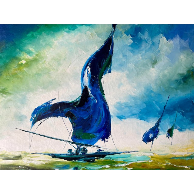 Green 1970s Vintage Read Abstract Sailboats Oil Painting For Sale - Image 8 of 13