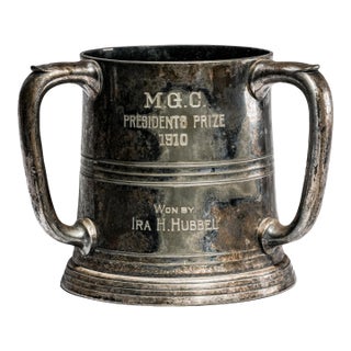 Sculptural Antique Silverplate Triple Handle Trophy Cup Sporting Award Golf Club Home Man Cave Decor For Sale
