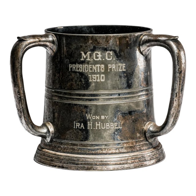 Sculptural Antique Silverplate Triple Handle Trophy Cup Sporting Award Golf Club Home Man Cave Decor For Sale