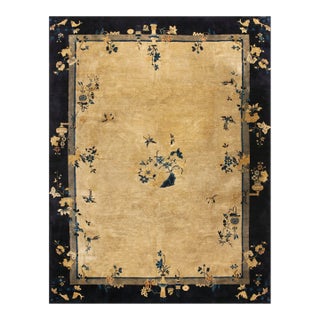 1920s Beige Cream Antique Floral Vase Deco Chinese Peking Knotted Wool Rug For Sale