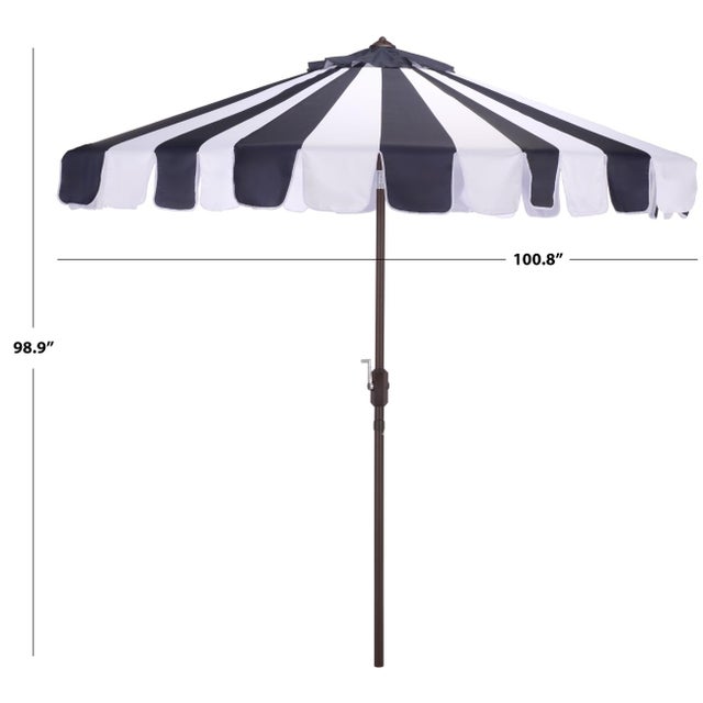 Modern Meze 9 Ft Crank Umbrella, Navy Cabana Stripe/Brown Pole For Sale - Image 3 of 9