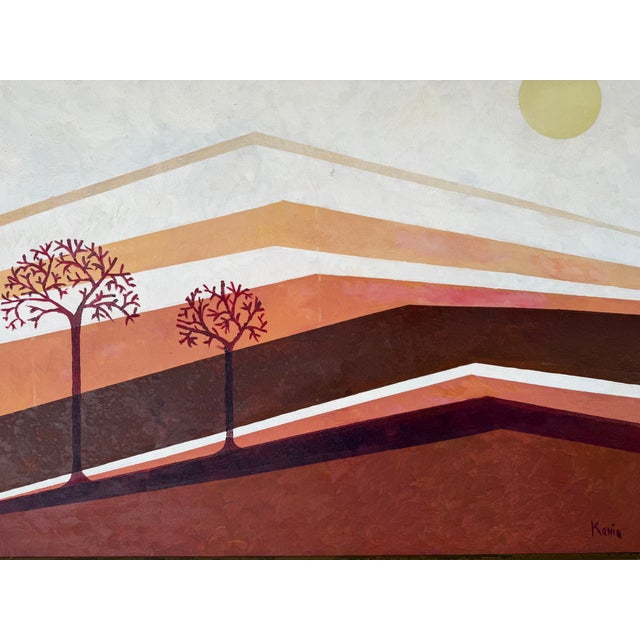Postmodern 1980's Vintage Postmodern Geometric Landscape Oil Painting on Canvas, Framed For Sale - Image 3 of 12