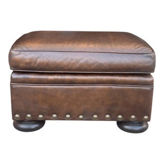 Distressed Tobacco Brown Leather Ottoman W/ Classic English Styling For Sale