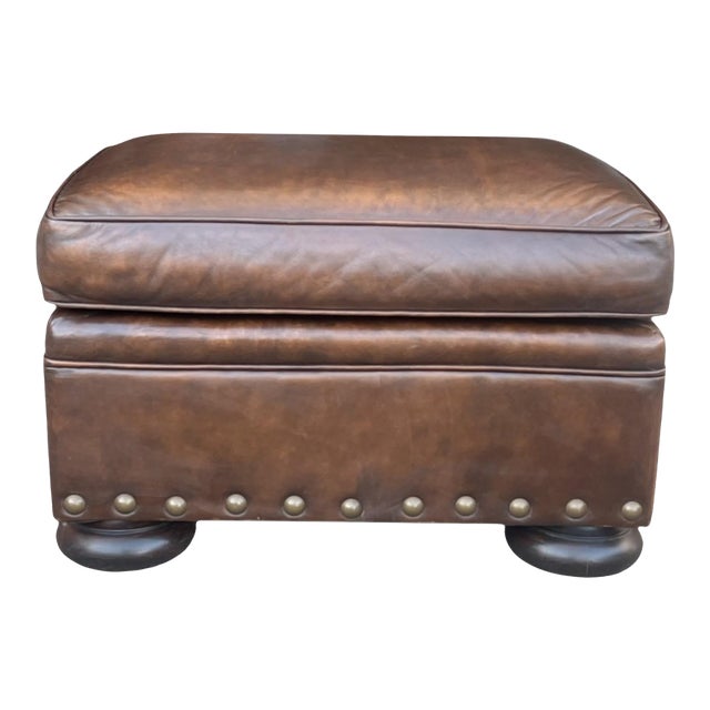 Distressed Tobacco Brown Leather Ottoman W/ Classic English Styling For Sale