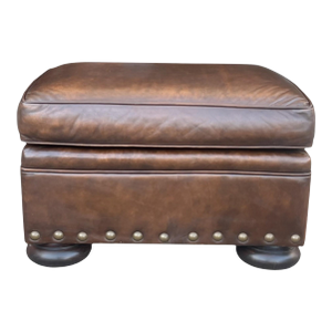 Distressed Tobacco Brown Leather Ottoman W/ Classic English Styling