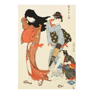 1964 After Kiyonaga "Genre Scenes of the Brocades of the East - the Entangled Kite String", Full-Color Print From Japan