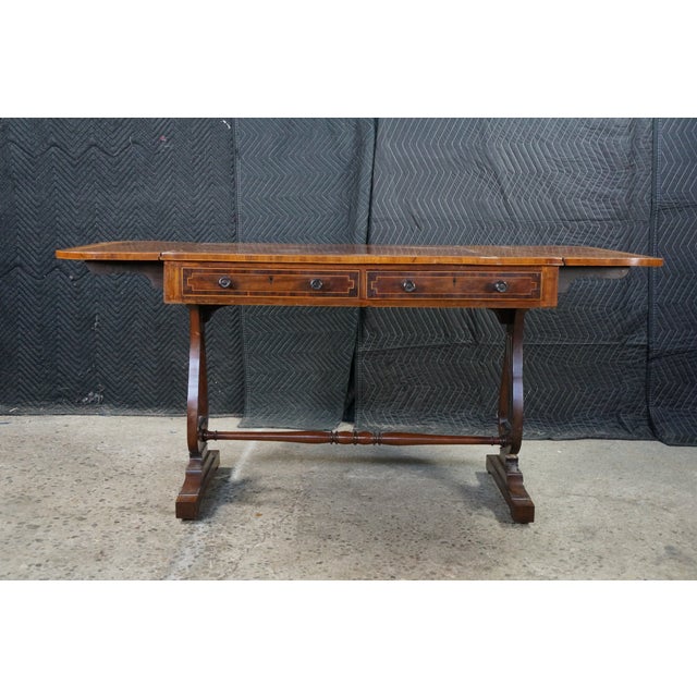 Wood Antique Early 19th C. Regency Flame Mahogany Lyre Base Drop Leaf Sofa Table Desk For Sale - Image 7 of 16