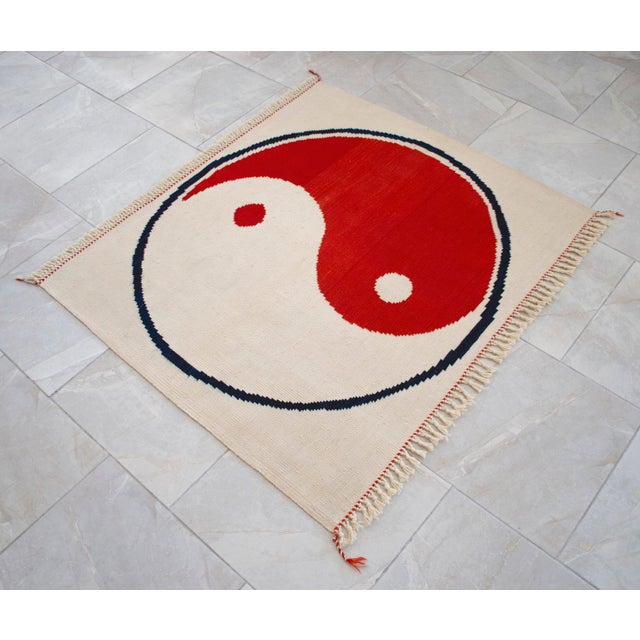 Modern Turkish Kilim, Unique Yin Yang Design Rug, Zen Home Decor - 3'9" X 3'3" For Sale - Image 10 of 15
