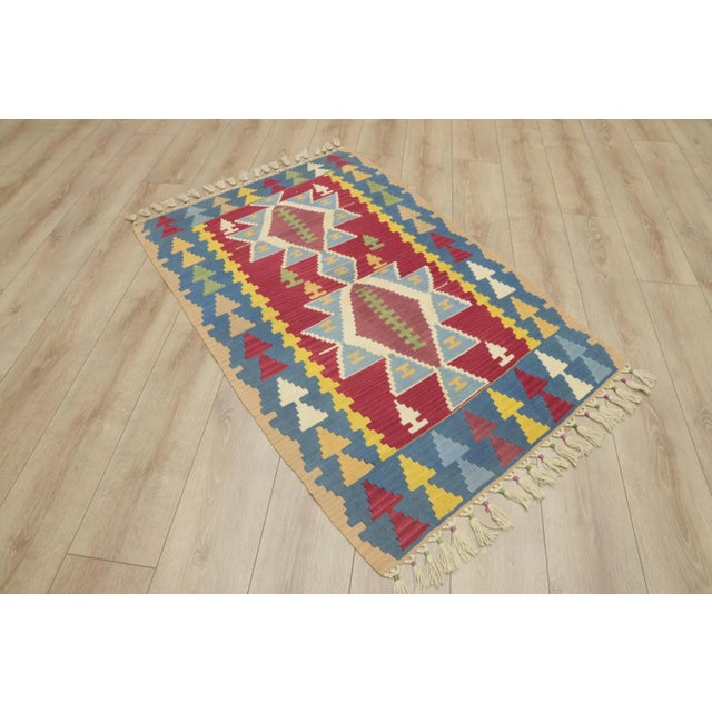 Mid-Century Modern 1980s Traditional Blue Red Geometric Kilim For Sale - Image 3 of 12