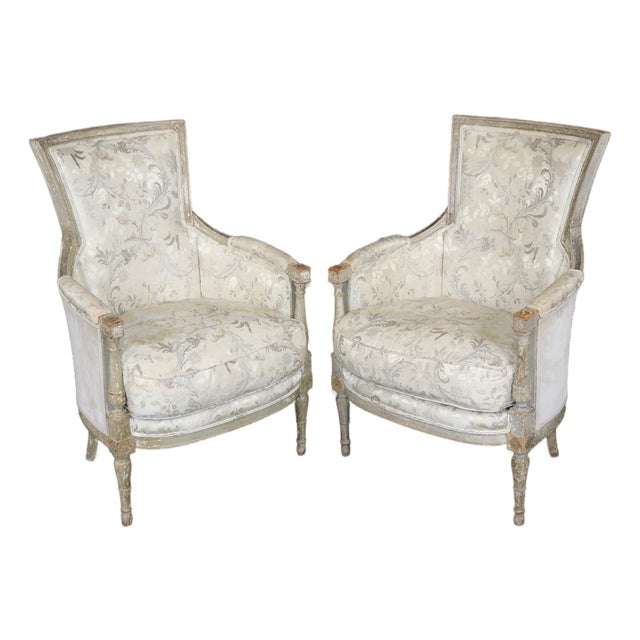 Pair 18th Century French Louis XVI Distressed Painted Bergères For Sale