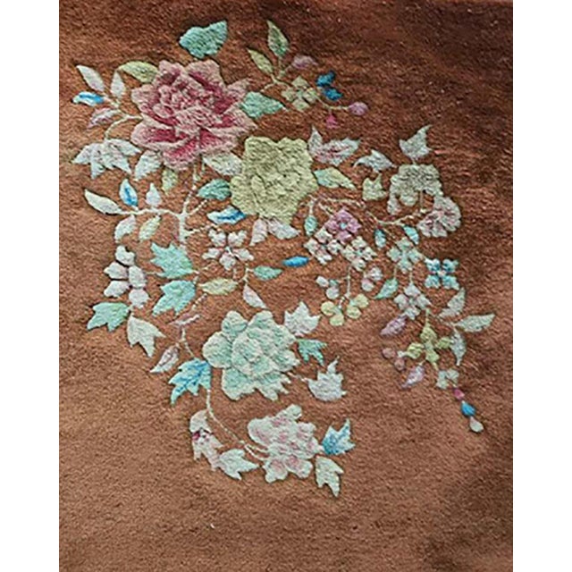 Early 20th Century 1930s Brown Floral Antique Chinese Art Deco Rug 3' X 4'10" Handknotted Wool Carpet For Sale - Image 5 of 6