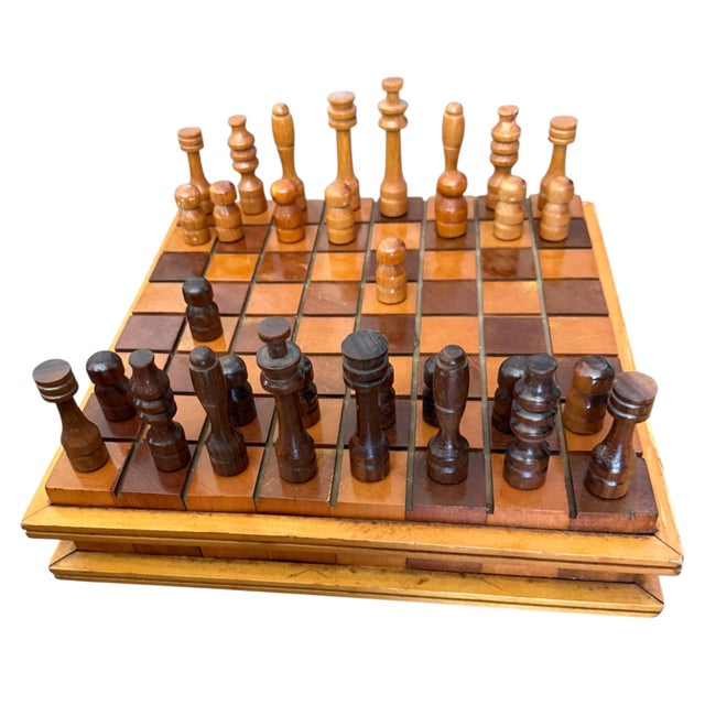 Art Deco Vintage Hand Crafted Wooden Chess Set – 12.5” Square c.1930s - 40s For Sale - Image 3 of 11