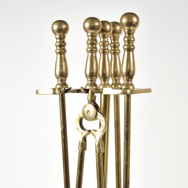 Mid 20th Century Vintage Brass Fireplace Tool Set 4-Piece Set With Art Deco Stand For Sale - Image 5 of 15