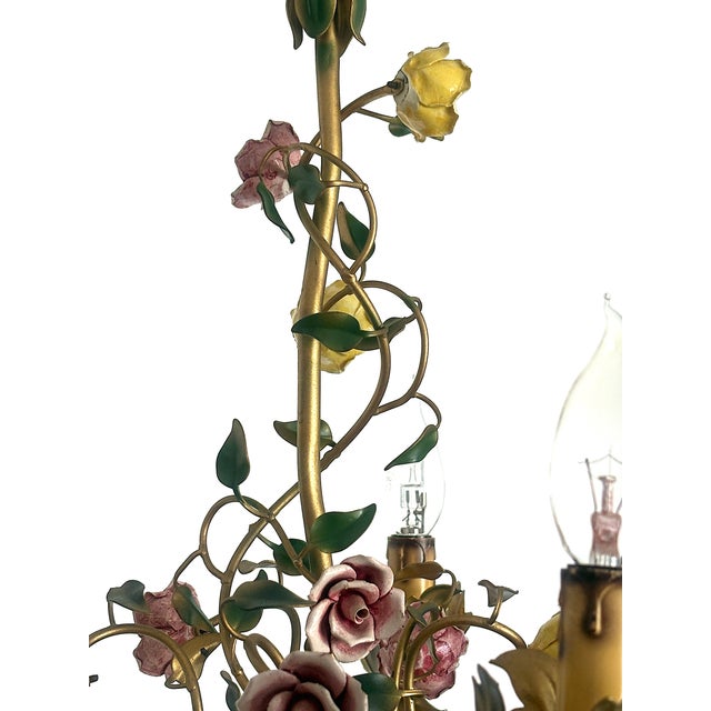Brown Italian Metal and Porcelain Flower Chandelier, 1940s For Sale - Image 8 of 17
