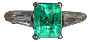 The Beyla: Antique Ladies Platinum Ring set with Outstanding Colombian Emerald and Tapered Baguette Diamonds