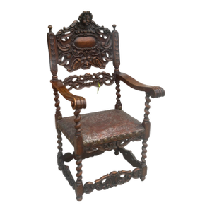 Antique French Renaissance Style Carved Figural Arm Chair W Tooled Leather Seat
