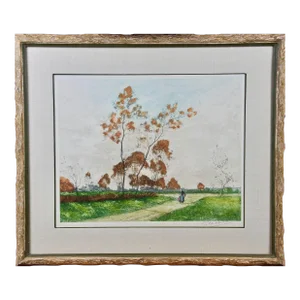 A Signed Etching of a Pastoral Scene in Picardy, France by Paul Emile Lecomte, 1918