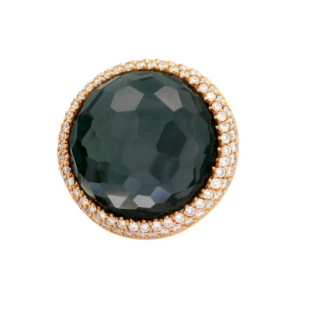 Contemporary Quartz Black Onyx Diamond 18k Yellow Gold Double Halo Cocktail Ring, Size 6.5 For Sale - Image 3 of 6