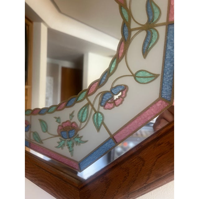 Vintage Octagon Wall Mirror: 1980s Postmodern Leaf Design, Windsor Oak Frame For Sale - Image 9 of 12