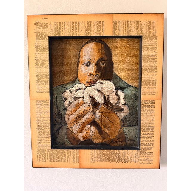 A layered mixed media portrait rendered over vintage dictionary pages, presented in a dimensional shadowbox-style frame....