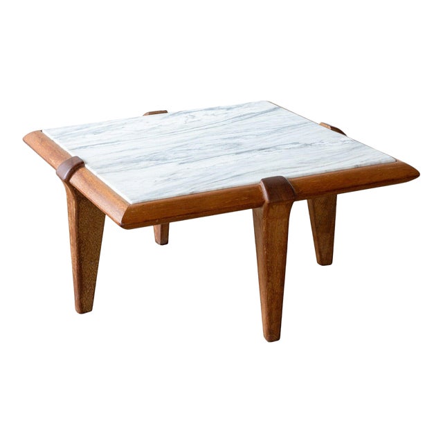 Custom Made Mid Century Modern Marble and Oak Square Coffee Side End Table For Sale