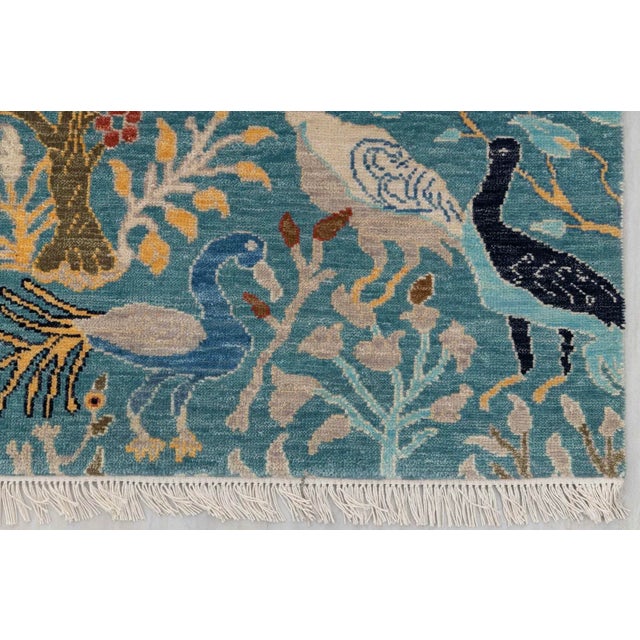 Blue Peacock Birds Garden Scene Soft Hand Knotted Hand Spun Wool Rug 9x12Ft. For Sale - Image 17 of 18