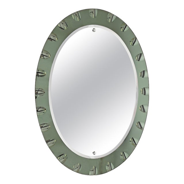 Large Oval Sage Green Double Beveled Mirror from Cristal Art, Italy, 1950s For Sale