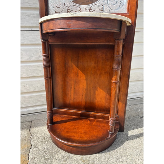 Traditional Vintage Pulaski Mahogany Hall Tree With Decorative Frosted Glass Mirror and Marble Top For Sale - Image 3 of 8