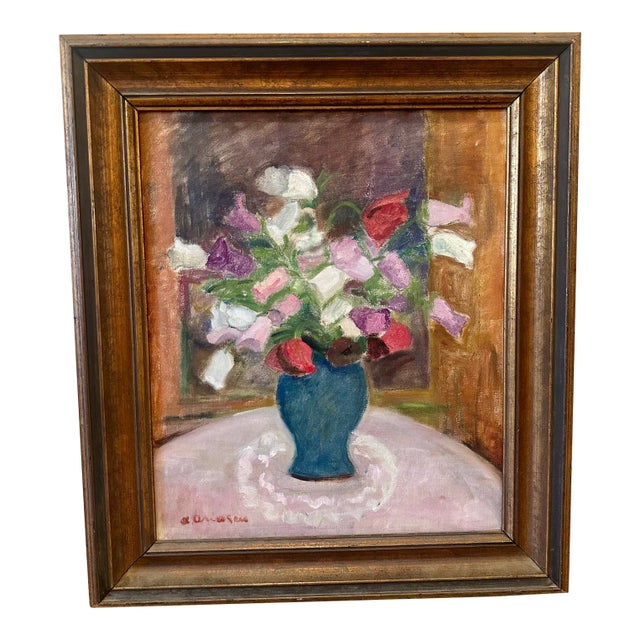 Early 20th Century Painting Vase With Flowers by Aurelia Aricescu Vasiliu - Oil on Canvas With Frame - Signed For Sale