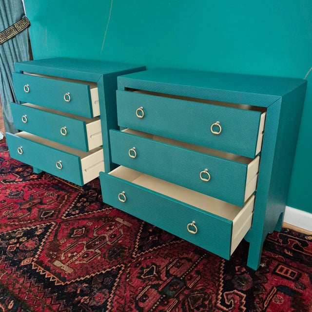 Wood Hollywood Regency Green Painted 3-Drawer Chests Nightstands Credenza, a Pair For Sale - Image 7 of 12