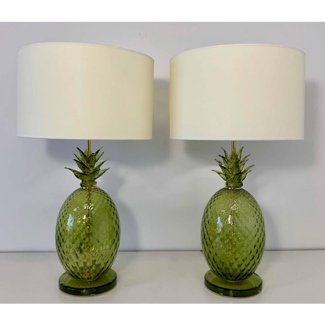 Italian Art Deco Pineapple Murano Glass Lamps with Lampshades, 2000s, Set of 2 For Sale - Image 9 of 17