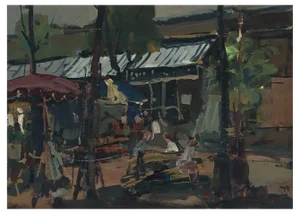 Walter Mafli, Scène de Marché, 1959, Oil on Wood, Framed