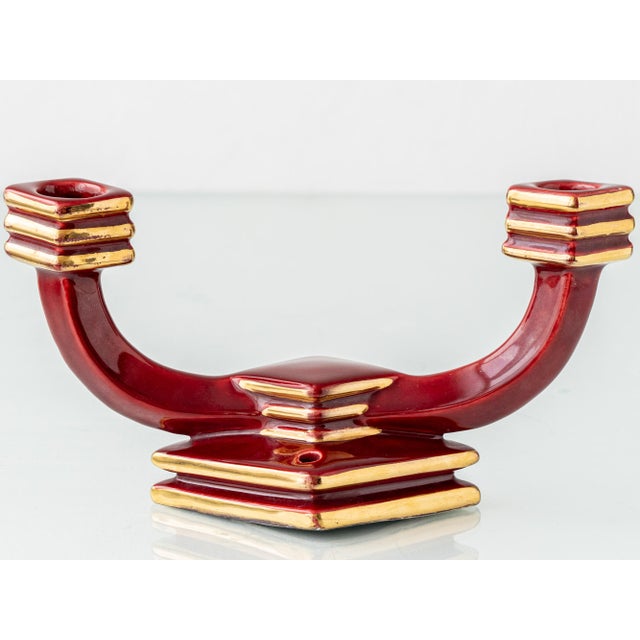 1930s Art Deco Oxblood Burgundy Ceramic Double Candlestick, France, 1930s For Sale - Image 5 of 13