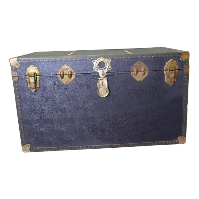 Large Vintage Faux Leather Studded Travel Trunk, 1920s For Sale
