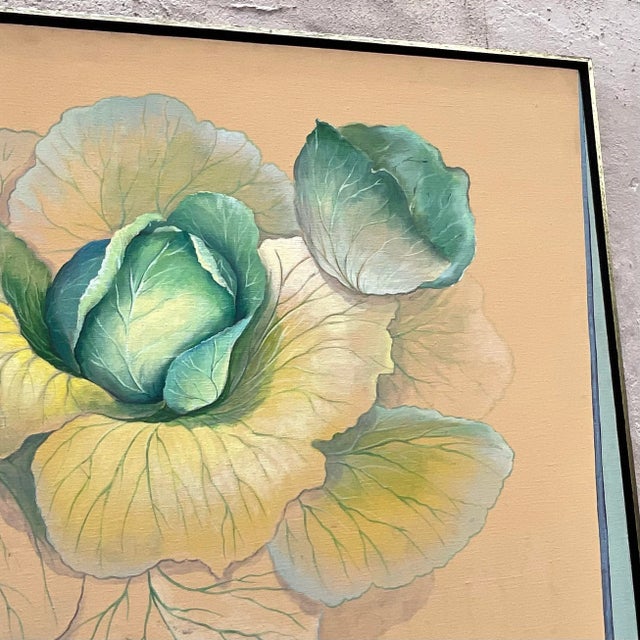 An outstanding vintage Boho original oil on canvas. A chic still life of cabbage with bold geometric stripes. Signed by...