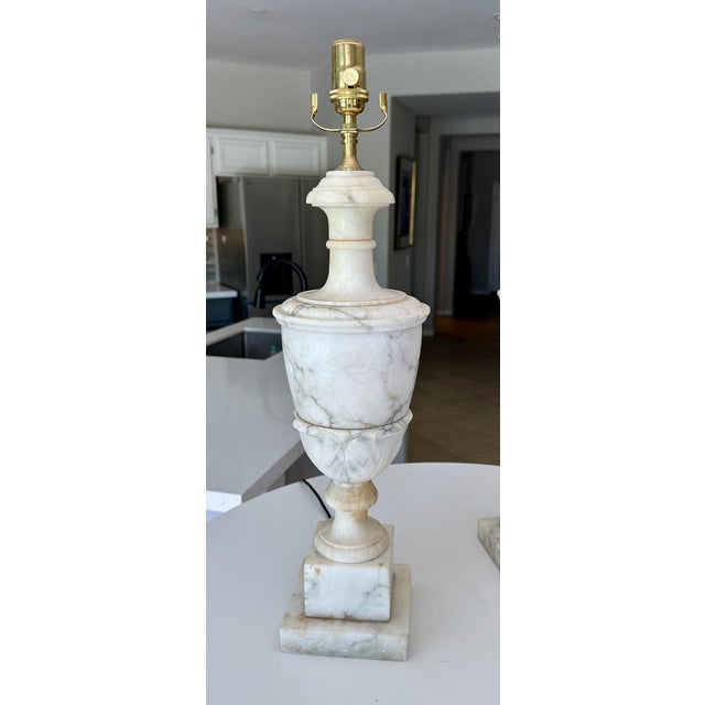 Alabaster Large Pair Italian Column Neoclassical Alabaster Table Lamps For Sale - Image 8 of 16