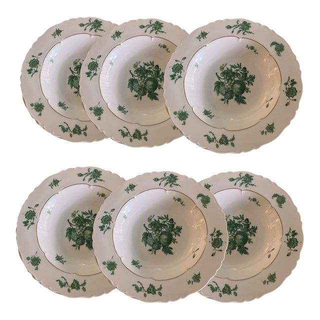 Vintage Haviland Limoges Chevalier Set of 6 Soup Bowls Traditional Green France Floral Farmhouse French Country English Cottage For Sale