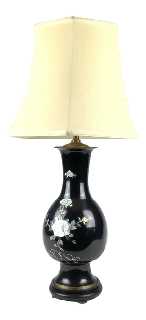 1950s Black Cloisonné Table Lamp With Mother of Pearl Details