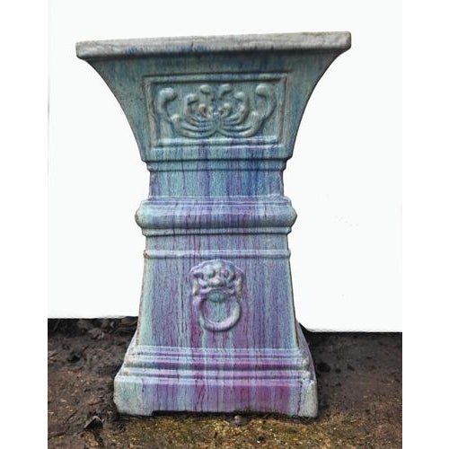 Striking pair of square tapering Italian Deruta pedestals with flared tops, inspired by classical architectural plinths....