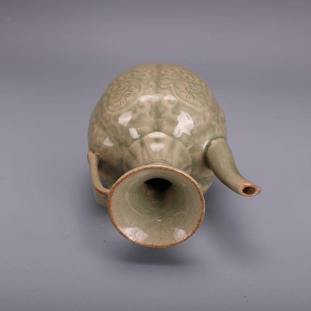 Vintage Chinese Celadon Glaze Yaozhou Style Ewer, Carved Floral Wine Pitcher For Sale - Image 4 of 10