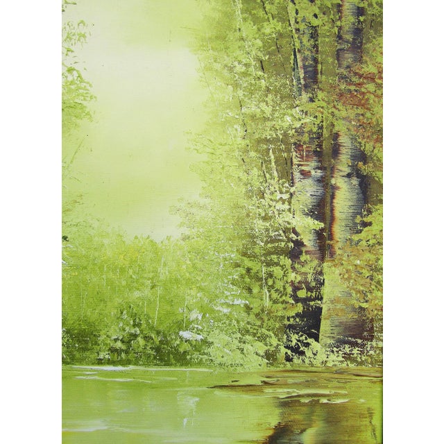 Wood Serene Green - Vintage Oil Painting by Jo Ann Wright, Listed Texas Artist - Forest Trees With Water Scene For Sale - Image 7 of 10