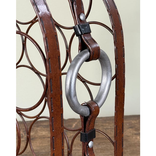 Jacques Adnet Vintage Jacques Adnet Style Faux Leather Equestrian Metal Wine Bottle Rack For Sale - Image 4 of 6