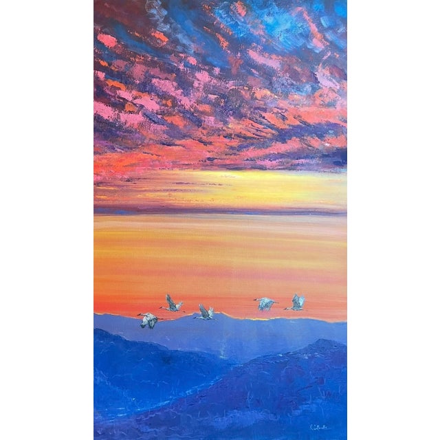 Large Contemporary Oil Painting Cranes Over Sunset 48x48” For Sale - Image 17 of 17