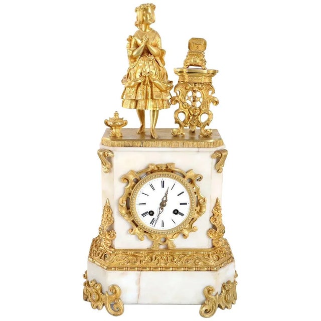 19th Century French Napoleon III Fire Gilt Bronze and Marble Figural Mantel Clock For Sale - Image 11 of 11