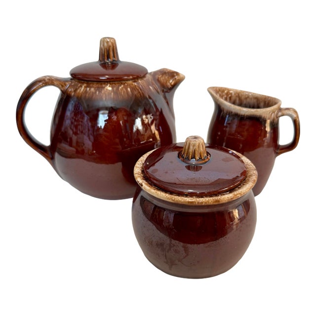 Vintage Hull Pottery Mirror Brown Tea Set - 3pcs For Sale