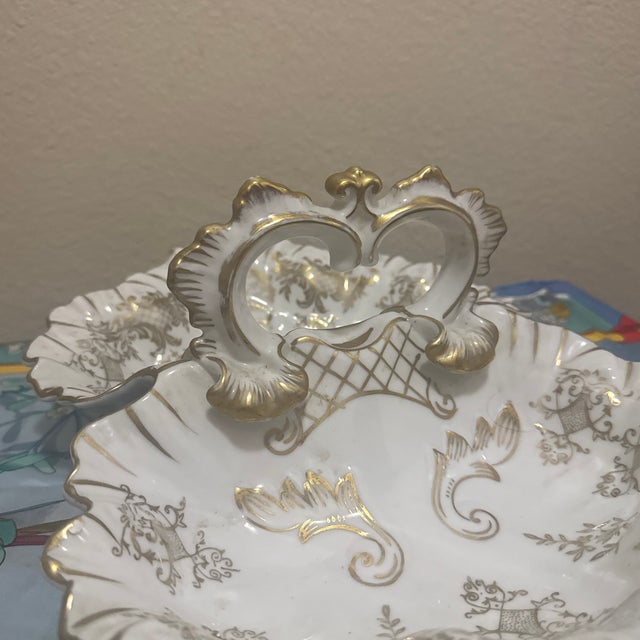 1950s Antique White & Gold Porcelain Divided Serving Dish With Ornate Gilt Handle For Sale - Image 5 of 7
